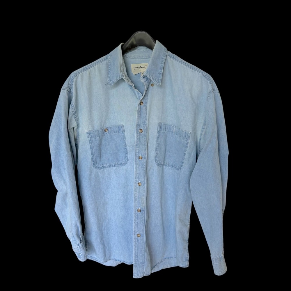 Eddie Bauer Distressed Denim Button‎ Down Shirt L Long Sleeve Cotton Blue